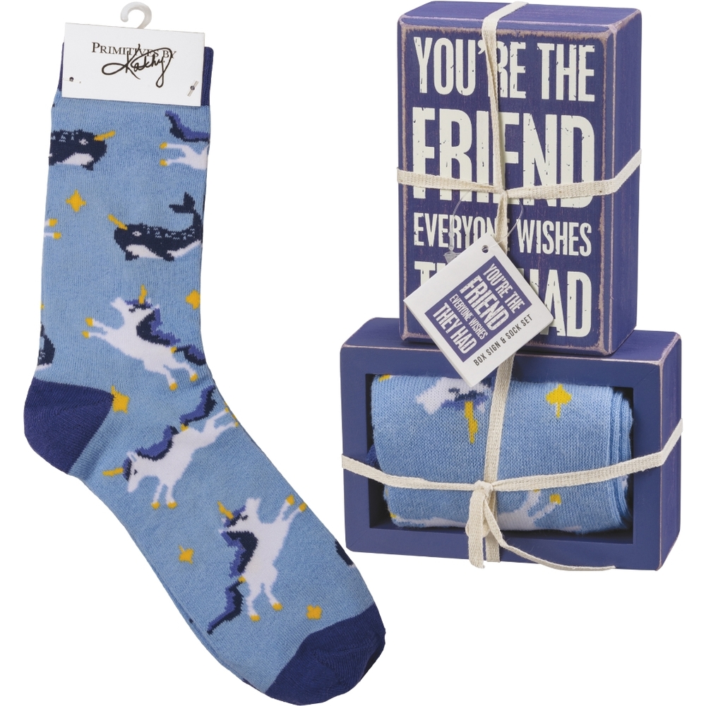 Friend Gift Set Box Sign Shelf Sitter Socks Unisex Unicorn Narwhal Best Bestie